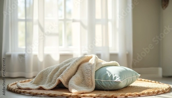Obraz Nursing pillow next to cozy baby blanket on soft rug indoors  