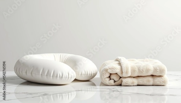 Obraz Soft nursing pillow and folded baby blanket on marble surface  