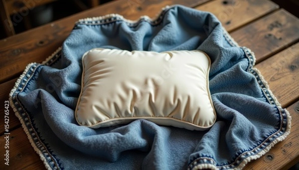 Obraz Nursing pillow on soft blanket with wooden background  