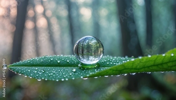 Fototapeta Glass Sphere Resting on Dewy Leaf Reflecting a Forest Scene