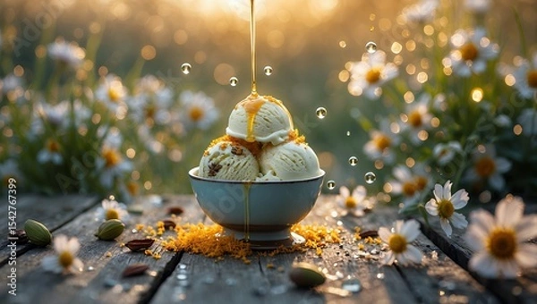 Fototapeta Pouring golden syrup over ice cream in a springtime garden