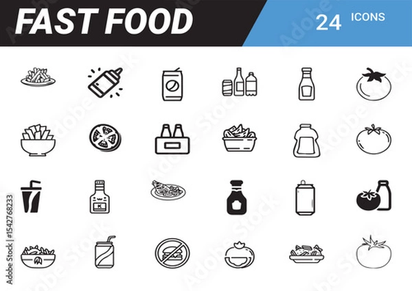 Fototapeta Fast Food Icon Set: A comprehensive array of 24 meticulously designed icons representing a variety of fast food items, perfect for culinary and digital projects.
