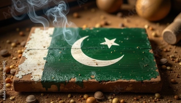 Obraz Painted Pakistan flag on wooden board with rustic background and smoke  