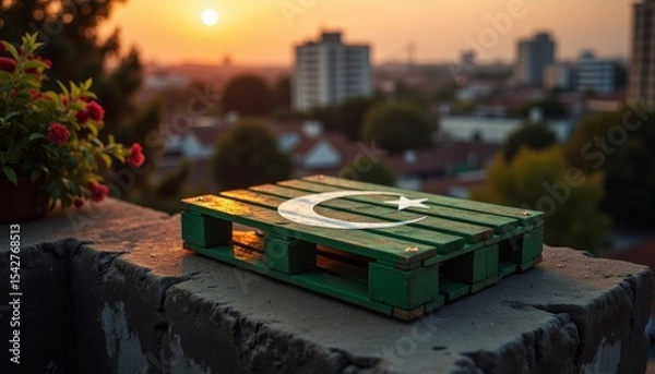 Obraz Painted Pakistan flag on wooden board during sunset over cityscape  