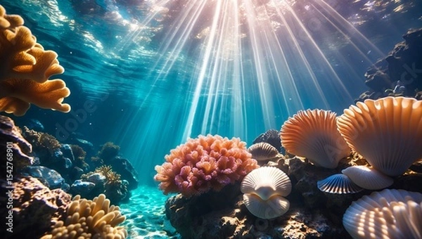 Fototapeta Underwater Coral Reef Scene with Light Rays and Seashells