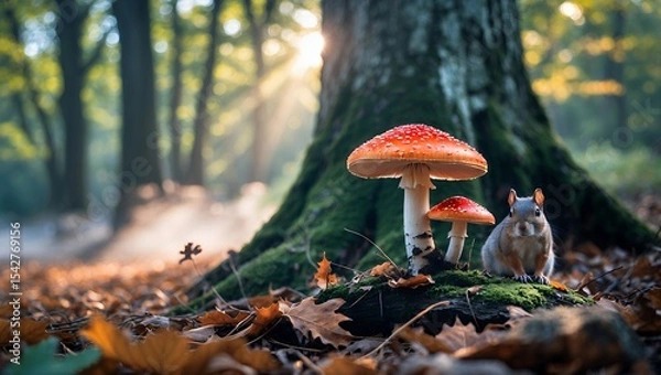 Fototapeta Squirrel Observing Toadstool Mushrooms in Forest with Sunlight Streaming Through Trees