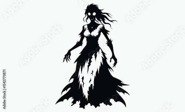 Obraz Zombie bride silhouette, torn dress and messy hair, spooky horror figure, black and white vector, on white background