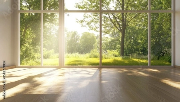 Fototapeta Empty room with large windows overlooking lush greenery