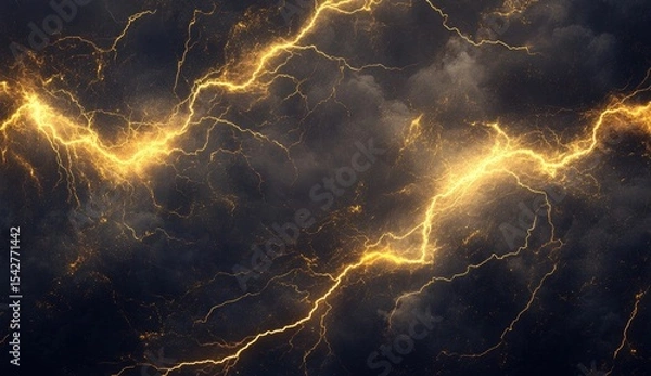 Fototapeta Golden lightning streaks through dark, stormy clouds