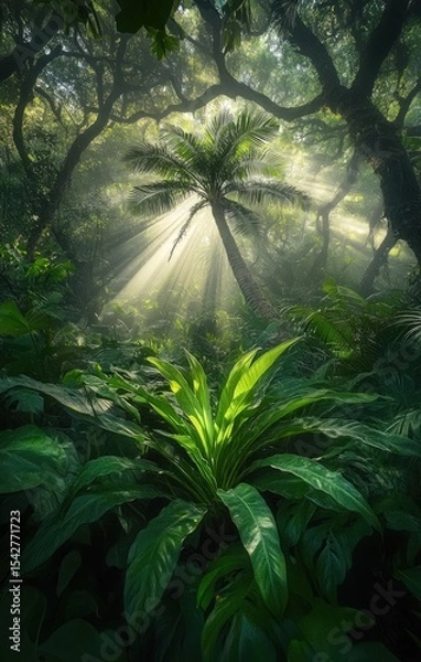Fototapeta Sunlight streams through misty jungle canopy, illuminating lush foliage