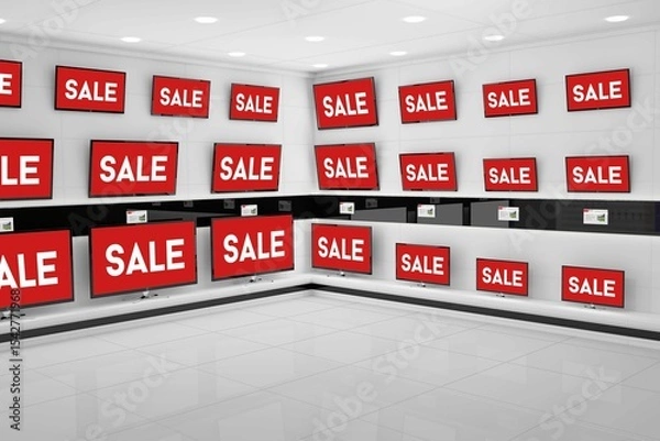 Fototapeta Flat design televisions are displaying sale signs in electronics showroom on low display shelves