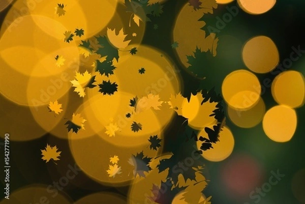 Fototapeta Digital design showing golden-yellow bokeh circles and maple leaf silhouettes over blurred green