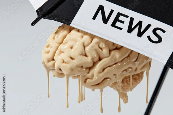 Fototapeta Info noise, State of Mind, Ads, TV's news concept. A melting brain under umbrella. 
