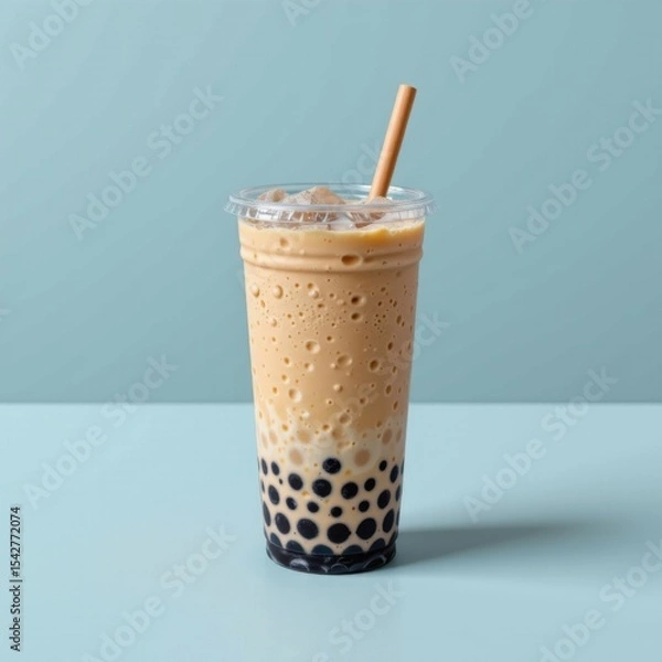Fototapeta Refreshing tropical bubble tea with tapioca pearls and ice in a clear plastic cup with a straw, minimalistic background for summer refreshment beverage