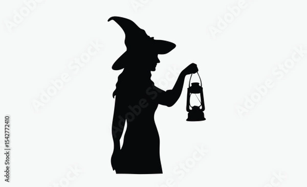Obraz Witch holding lantern, spooky silhouette figure, Halloween night theme, black and white vector, on white background