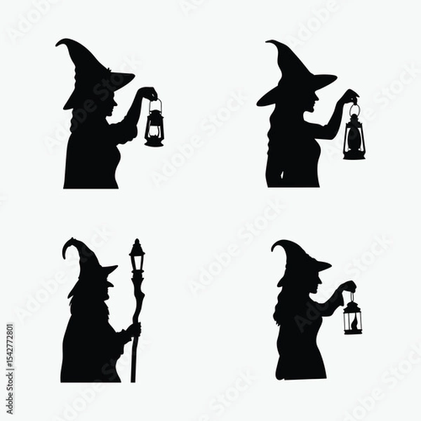 Obraz Witch holding lantern, spooky silhouette figure, Halloween night theme, black and white vector, on white background