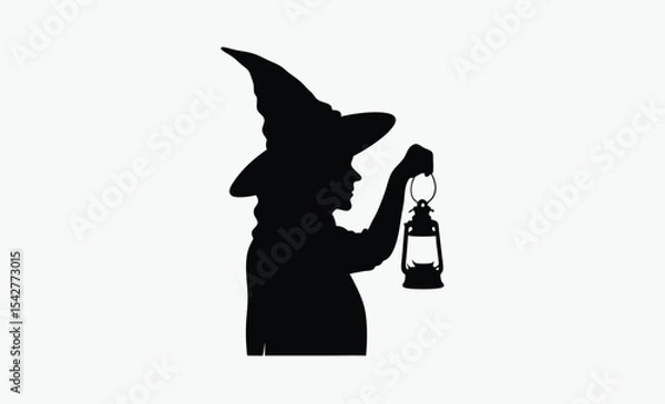 Obraz Witch holding lantern, spooky silhouette figure, Halloween night theme, black and white vector, on white background