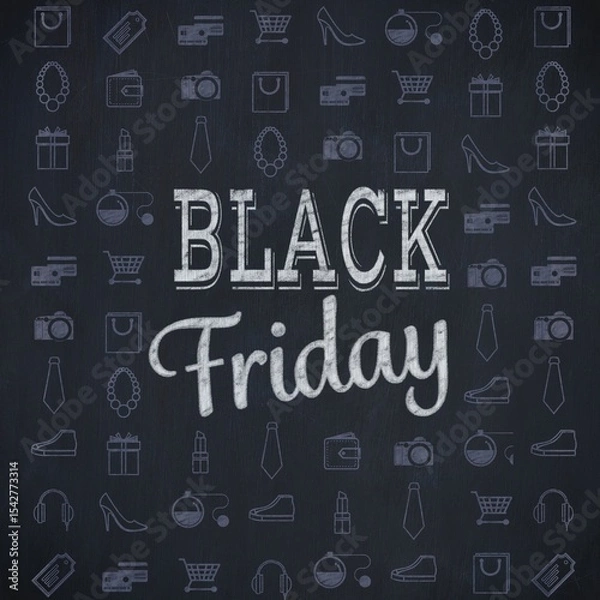 Obraz Chalkboard styled poster is displaying BLACK Friday lettering with repeating shopping icons grid