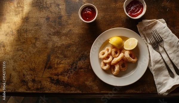 Fototapeta Fried calamari rings on a plate with lemon, next to ketchup, on a rustic table