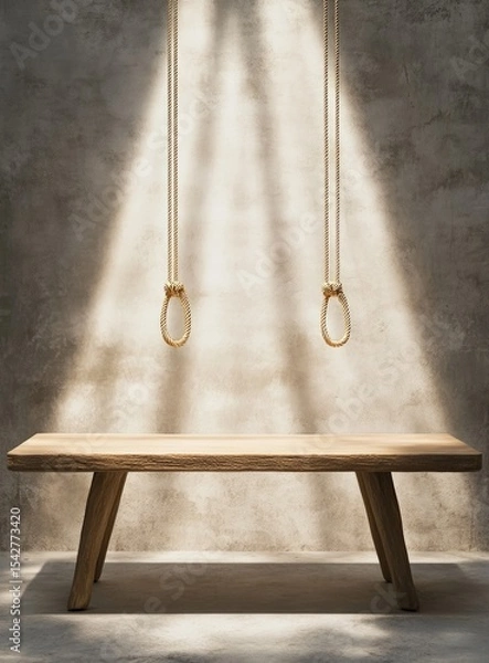 Fototapeta Empty light-wood table, bathed in sunlight, against a textured wall