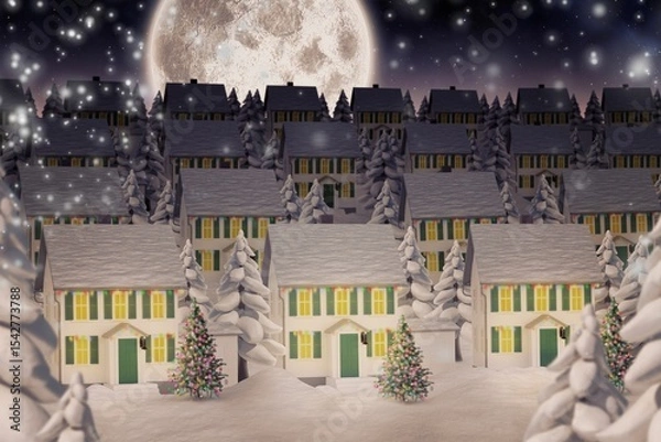 Obraz Flat design is showing three snowy houses with Christmas trees, wreaths, snowfall under full moon