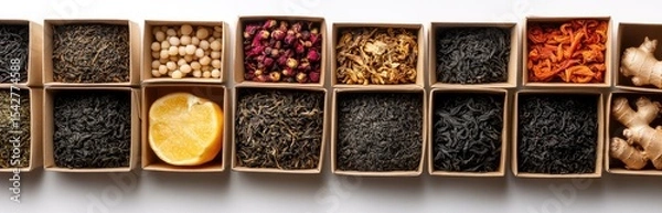 Fototapeta Assorted loose leaf teas and spices in small cardboard boxes