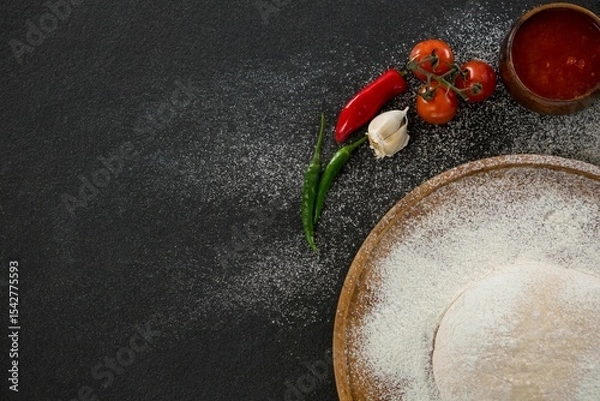 Obraz Pizza dough with flour and ingredients on table
