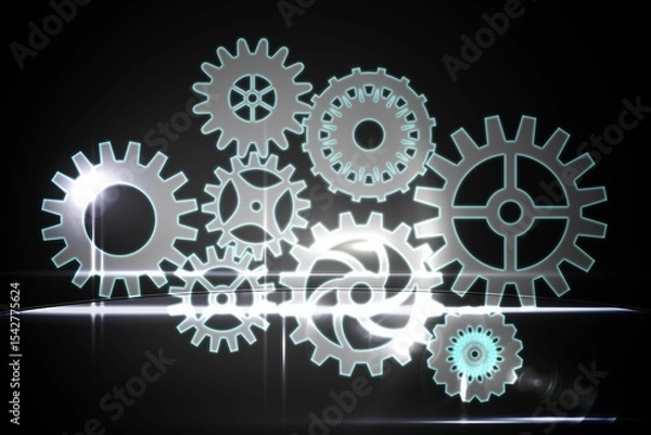 Obraz Cluster of neon-outlined gears is floating above glossy surface in 3D render with soft light flares