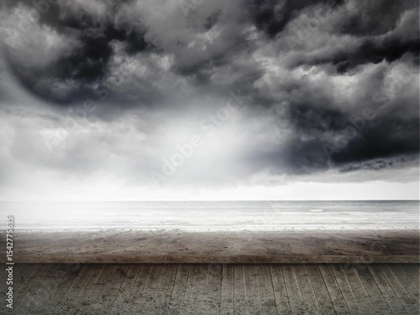 Fototapeta Boardwalk is extending over wet sand toward calm sea under brooding storm clouds in flat design