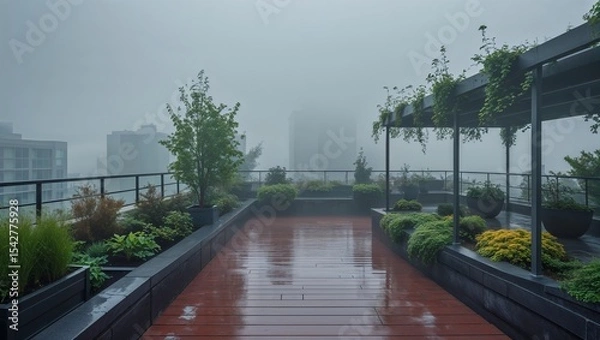 Obraz Rooftop garden on a rainy day with wet wooden deck and plants under a foggy sky in an urban setting