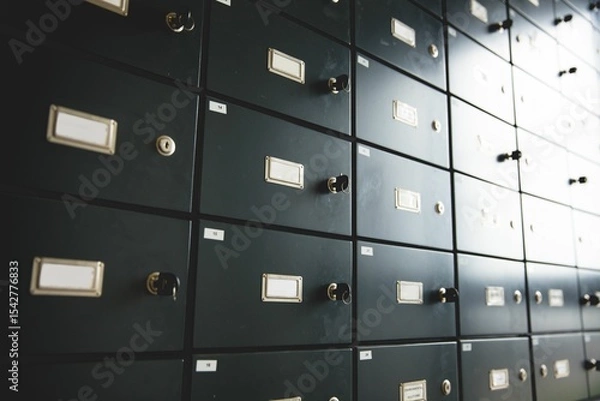 Obraz Safety deposit boxes are filling vault in 3D render, showing label holders, keyed knobs