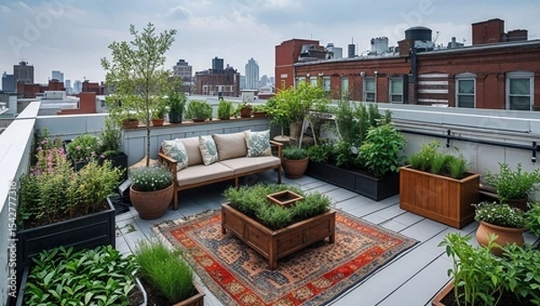 Fototapeta Rooftop garden with plants in planters and a seating area with a rug in an urban setting