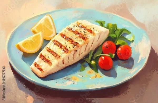 Fototapeta Grilled fish fillet on plate with lemon and cherry tomatoes