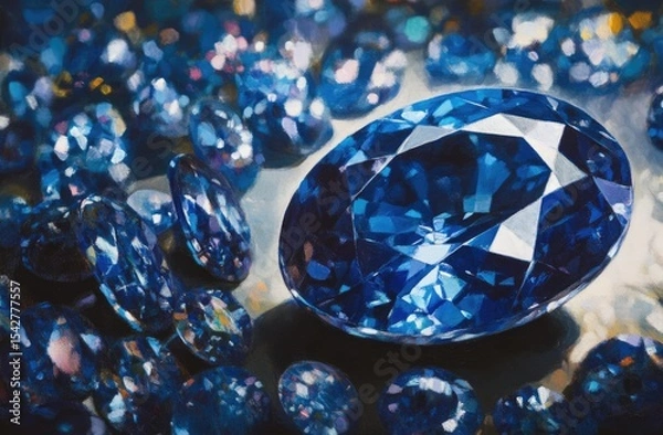Fototapeta A large, brilliant blue gemstone, surrounded by smaller, similarly colored gems