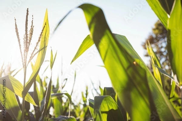 Obraz Flat design scene is showing sunlit corn stalks with vibrant green leaves and tassels