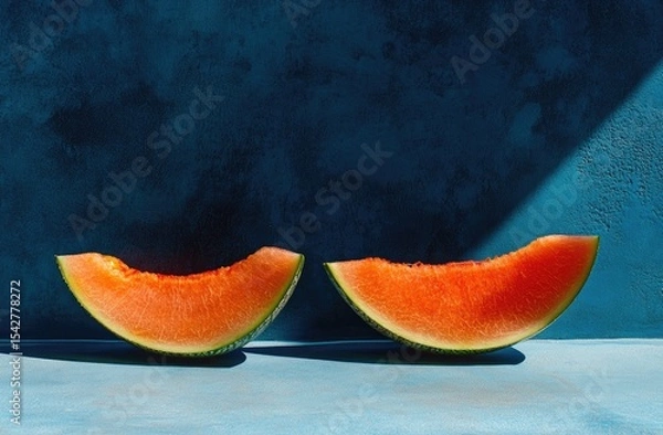 Fototapeta Two vibrant watermelon slices against a deep blue textured backdrop, bathed in sunlight