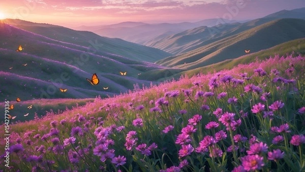 Fototapeta Flowering Meadow with Butterflies and Rolling Hills at Sunset Glow