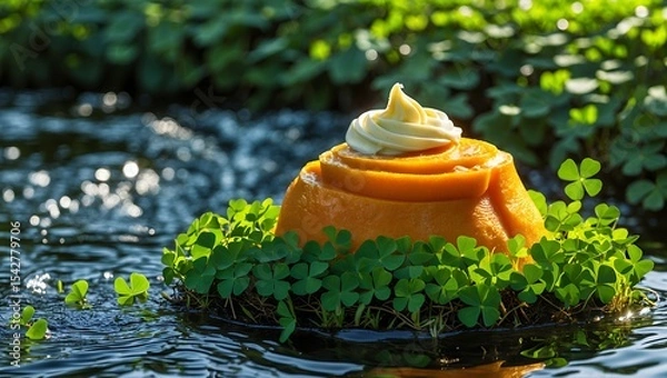 Fototapeta Floating Dessert with Cream and Clovers in a Natural Water Setting