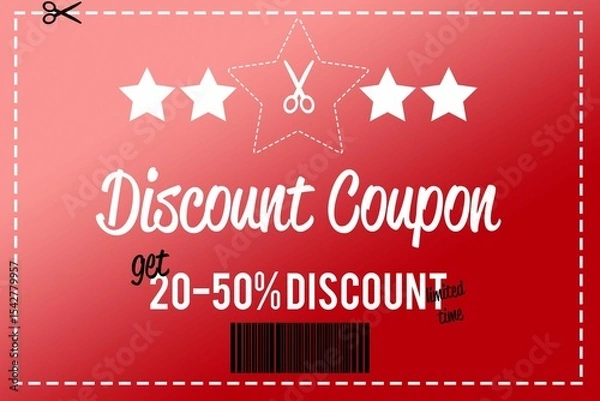 Obraz Displaying red gradient coupon featuring dashed border, scissor icons, 20–50% discount, barcode