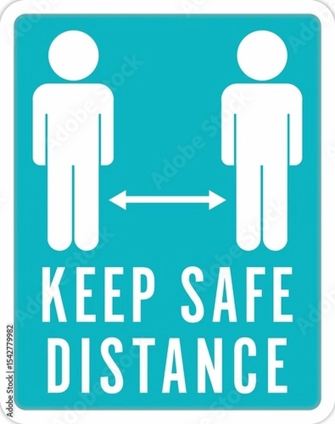 Fototapeta Vertical image of keep safe distance text and arrow between two figures in white on blue, copy space