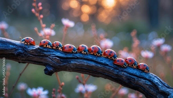 Fototapeta Ladybugs on Branch Exploring Nature with Warm Light and Bokeh
