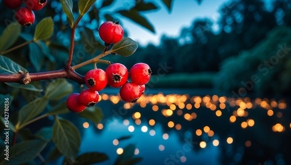 Fototapeta Red Berries on Branch Overlooking Lake with Bokeh Lights at Twilight