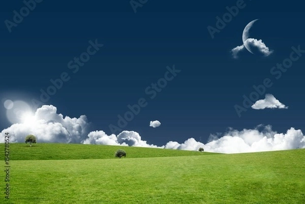 Fototapeta Flat design rolling green hills are unfolding under blue sky with puffy clouds, sun and moon