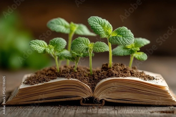 Obraz Green seedlings growing from an open book