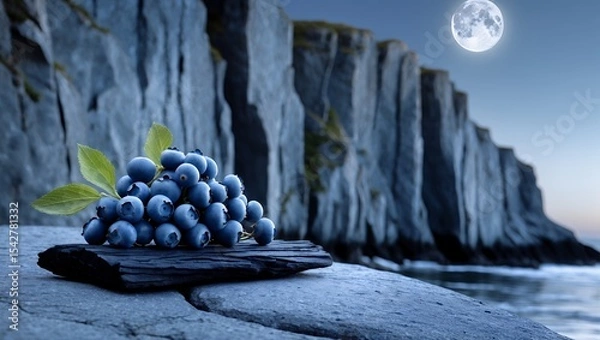 Fototapeta Blueberries on Rock with Coastal Cliffs and Moonlit Sky