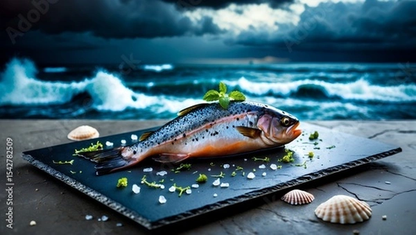 Fototapeta Preparing Fresh Fish Dish with Ocean View and Dramatic Sky