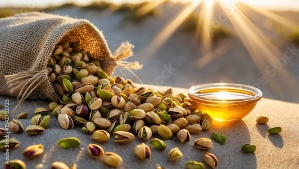 Fototapeta Pistachios Spilling from Burlap Sack with Honey, Lit by Sunlight