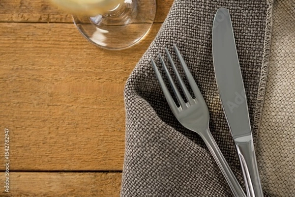 Fototapeta Fork and knife on sack at wooden table