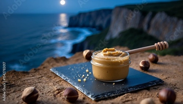 Fototapeta Nut Butter in Jar on Cliff Overlooking Ocean at Night