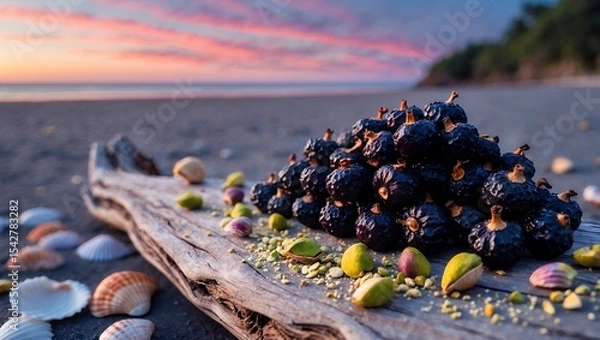 Fototapeta Arranging Dried Berries with Pistachios and Seashells on Driftwood at Beach